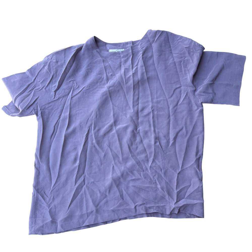 Casual Corner Vintage 100% Silk Blouse Purple Short Sleeve Back Button Top Sz 14